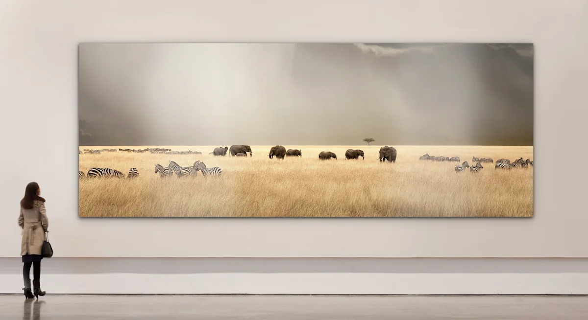 WhiteWall Masterprint 3 Savannah panorama photo as WhiteWall Masterprint hanging on a gallery wall.