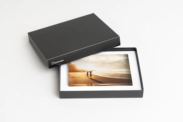 PDP | Acrylic Block with Box | Images Text Section > Gift box | Media #1 acrylic photo block lying in a black whitewall gift box.