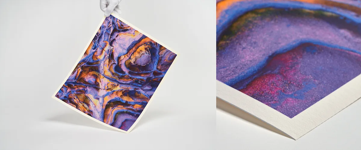 220915 Fine Art Layout SplitImage Hohlkehle+Detail EPSON Fine Art Cotton close up of fine art print on Epson Fine Art cotton smooth natural paper.