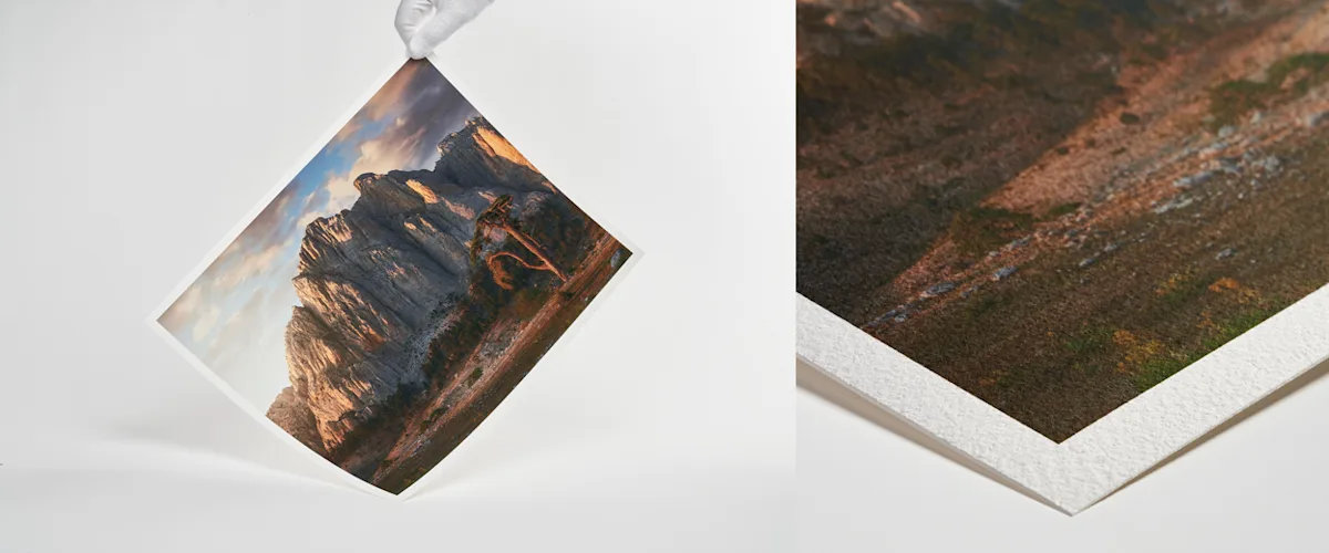 PDP | Hahnemühle Fine Art Print | Cardboard Slider Section | Slide #1 { Media #1 close up of fine art print on hahnemühle william turner paper.