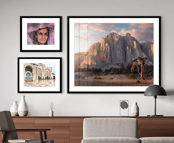 PDP | Hahnemühle Fine Art Print | Images Text Section > Formats | Media #1 multiple fine art prints on hahnemühle paper in matted frames hanging on a wall.