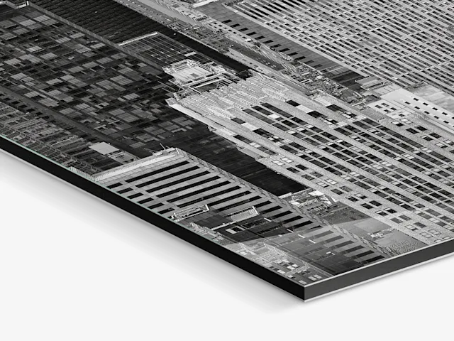 Ilford black and white print on alu-dibond City motif on an Ilford black and white print on Alu-Dibond, showing buildings with different structures.