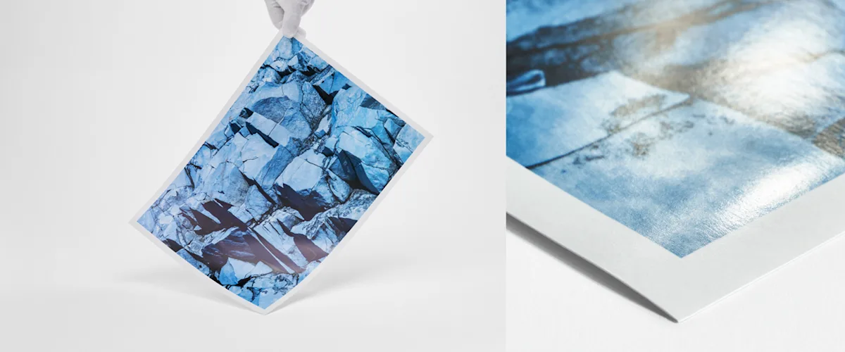 Fine Art Print Hahnemühle Photo Silk Baryta X Close up of fine art print on Hahnemühle Photo Silk Baryta X paper showing a motif of a rocky landscape