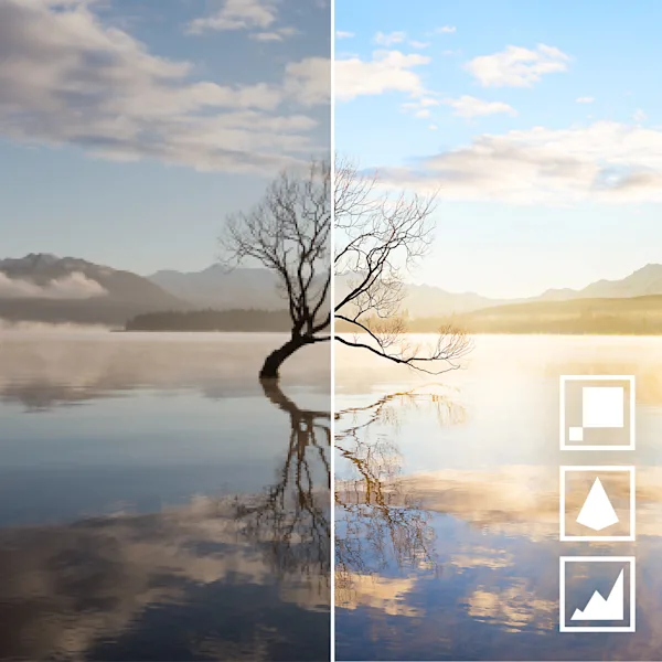 WhiteWall SuperResolution Lake with tree in the middle, blurred on the left and sharp on the right, showing difference in image quality.