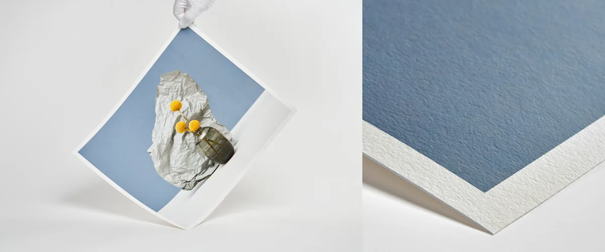 Fine Art Paper Hahnemühle Photo Rag Split view of a Fine Art Print on matte paper with a motif of a vase with yellow flowers infront of a blue background.