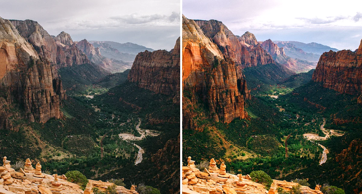WhiteWall image optimiztion comparison image mountain valley Before and after photo editing comparison of Zion National Park valley view with stacked rocks in foreground and red canyon walls