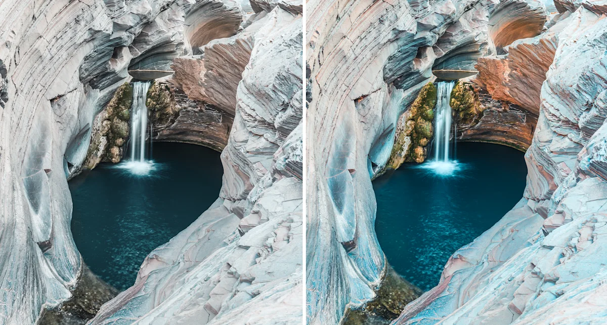 WhiteWall image optimization comparison image waterfall Waterfall cascading into turquoise pool inside marble cave formation with smooth, curved white and gray rock walls. Split image, before and after WhiteWall image optimization.