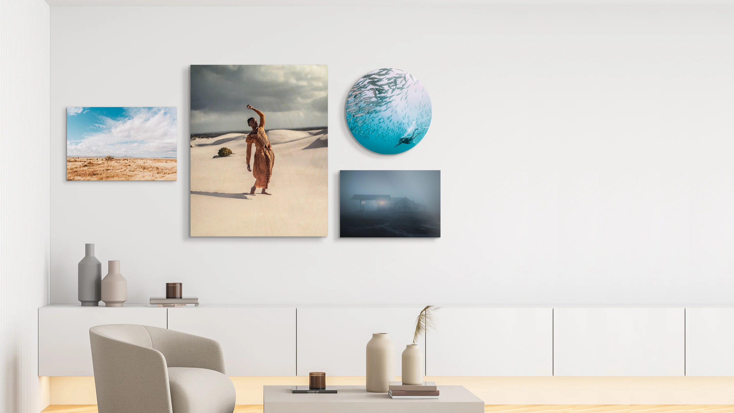 hanging with wood and forex photo prints aswell as a round photo print.