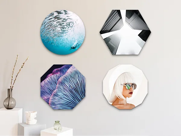 PDP | Round Format & Shapes | Images Text Section > Formats | Media #1 Different motifs on 4 different image formats - Round, Hexagon, Octagon and Dodecagon hanging on a wall.