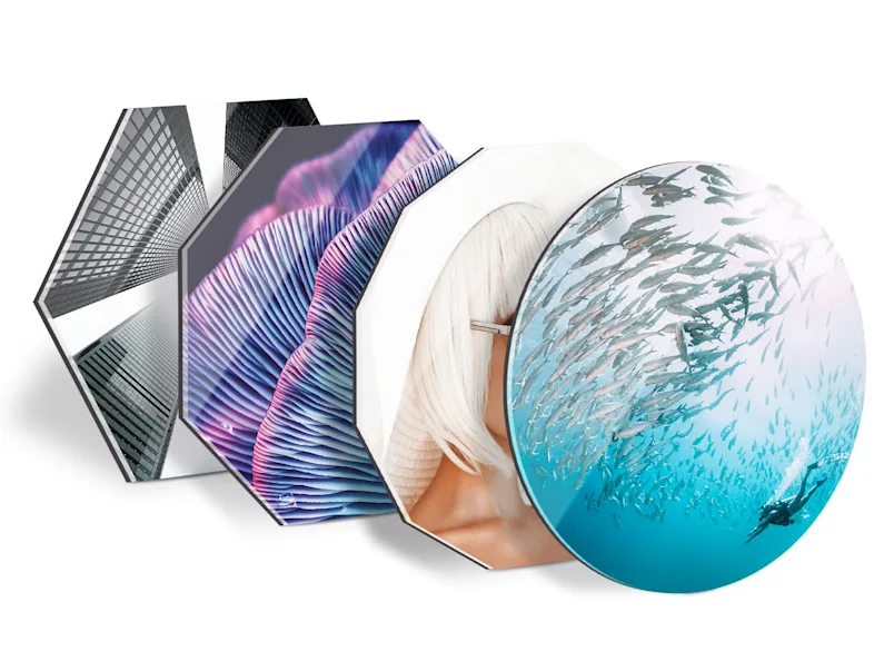 PDP | Round Format & Shapes | Product Selector Section | Media #1 Different motifs on 4 different image formats - Round, Hexagon, Octagon and Dodecagon.