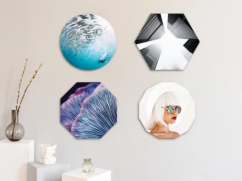 PDP | Round Format & Shapes | Product Selector Section | Media #3 Different motifs on 4 different image formats - Round, Hexagon, Octagon and Dodecagon hanging on a wall.