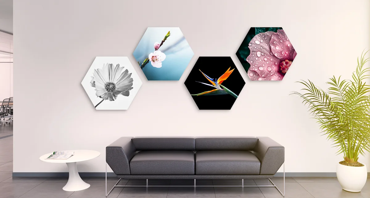 PDP | Round Format & Shapes | Big Picture Slider Section > Hexagon | Slide #4 | Media #1 5 different flower motifs in hexagon format hang on a wall in a living room.