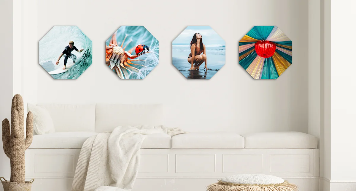 PDP | Round Format & Shapes | Big Picture Slider Section > Octagon | Slide #1 | Media #1 4 different motifs in Octagon format hang on a wall in living room.