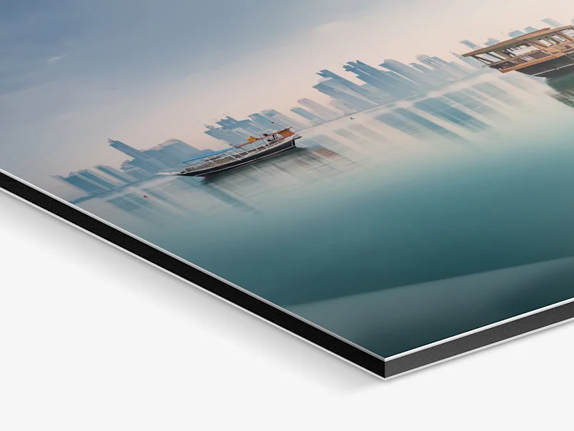 Photo Print On Aluminum Backing Abstract cityscape photo split into horizontal segments, showing skyscrapers reflected in turquoise water against a pale blue sky