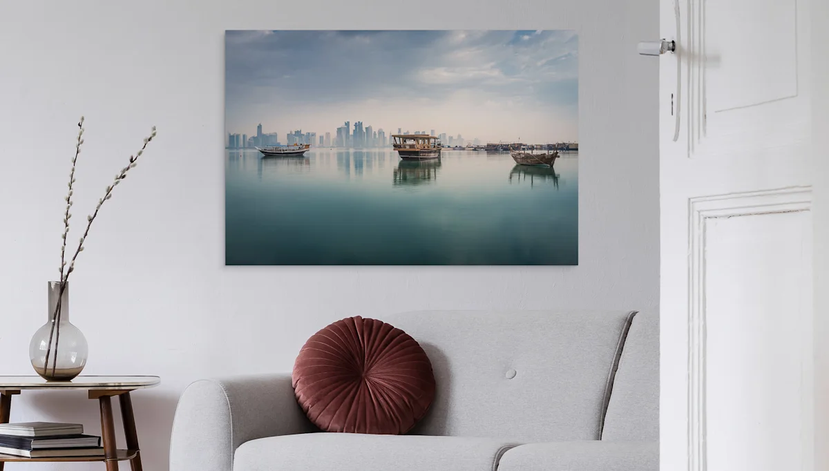 Photo Print On Aluminum Backing Landscape image on aluminum Dibond with boats on calm water and a city view in the background.