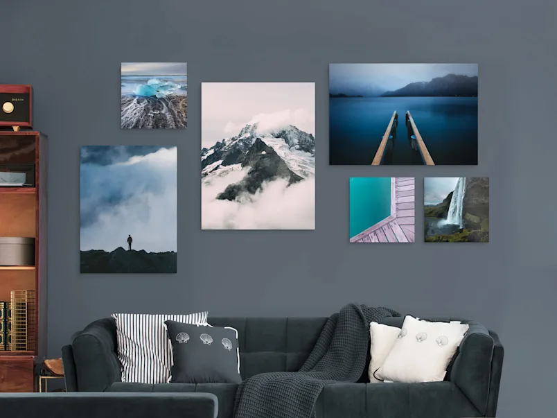 Original Photo Print Under Matte Acrylic Glass - Formats Several landscape photos on a wall as original photo print under matte acrylic glass.
