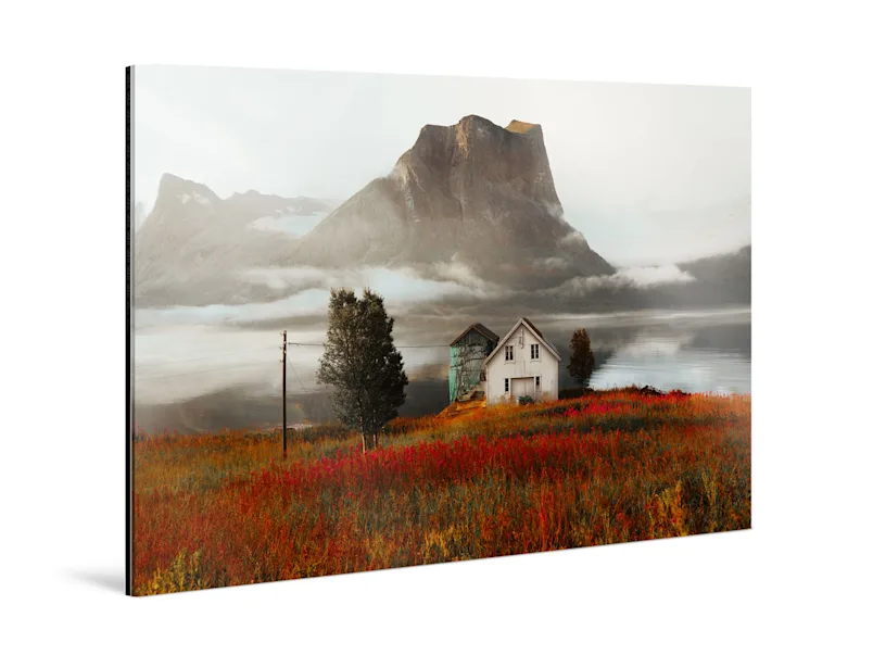 Photo Print Under Matte Acrylic Glass A country house in front of a mountain as original photo print under matte acrylic glass.