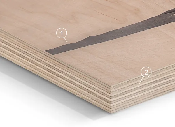 PDP | Direct Print on Wood | Product Structure Section | Media #1 Close up of a corner of a Direct Print On Wood with reference arrows 1 and 2.