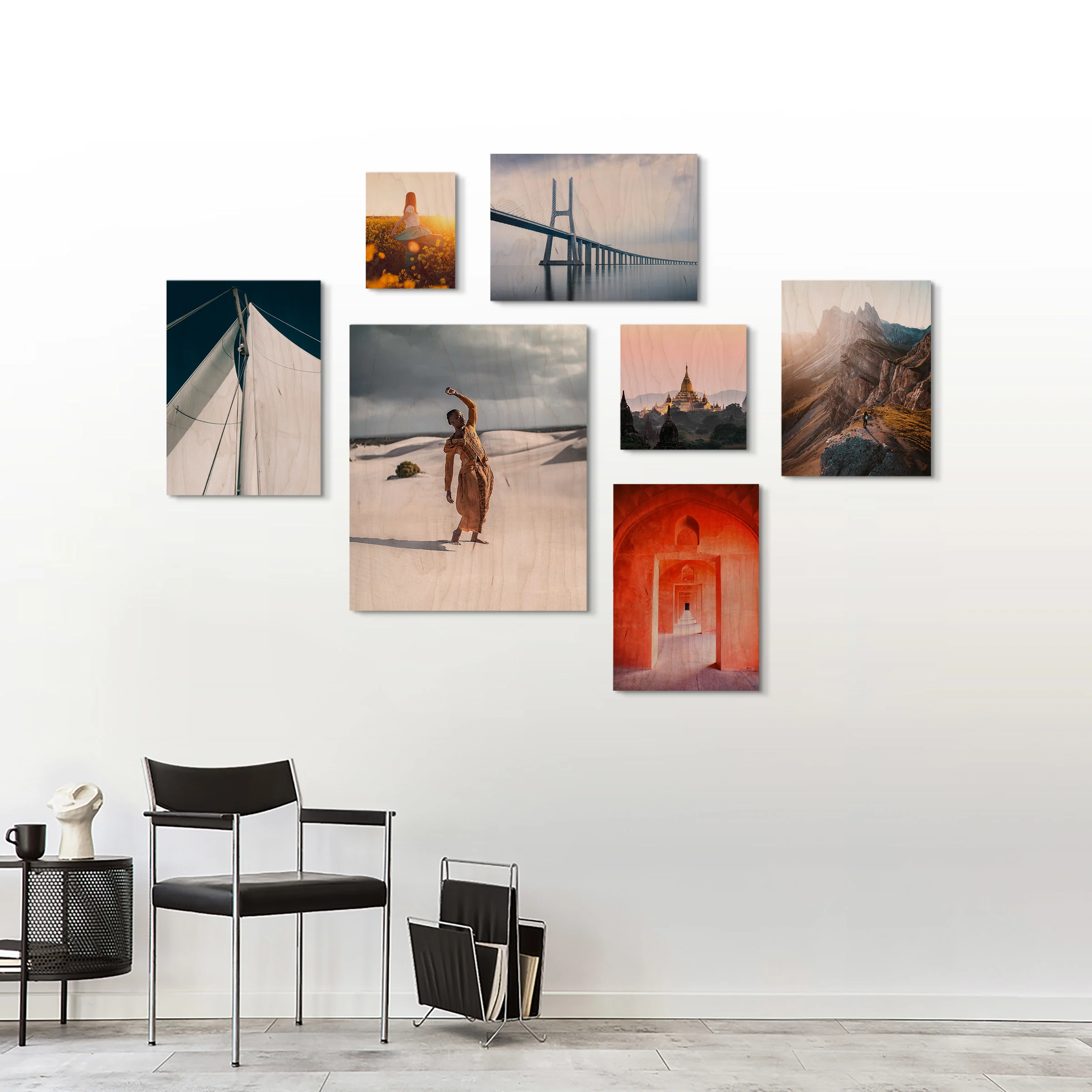 Several different motifs on Direct Print On Wood on a wall.