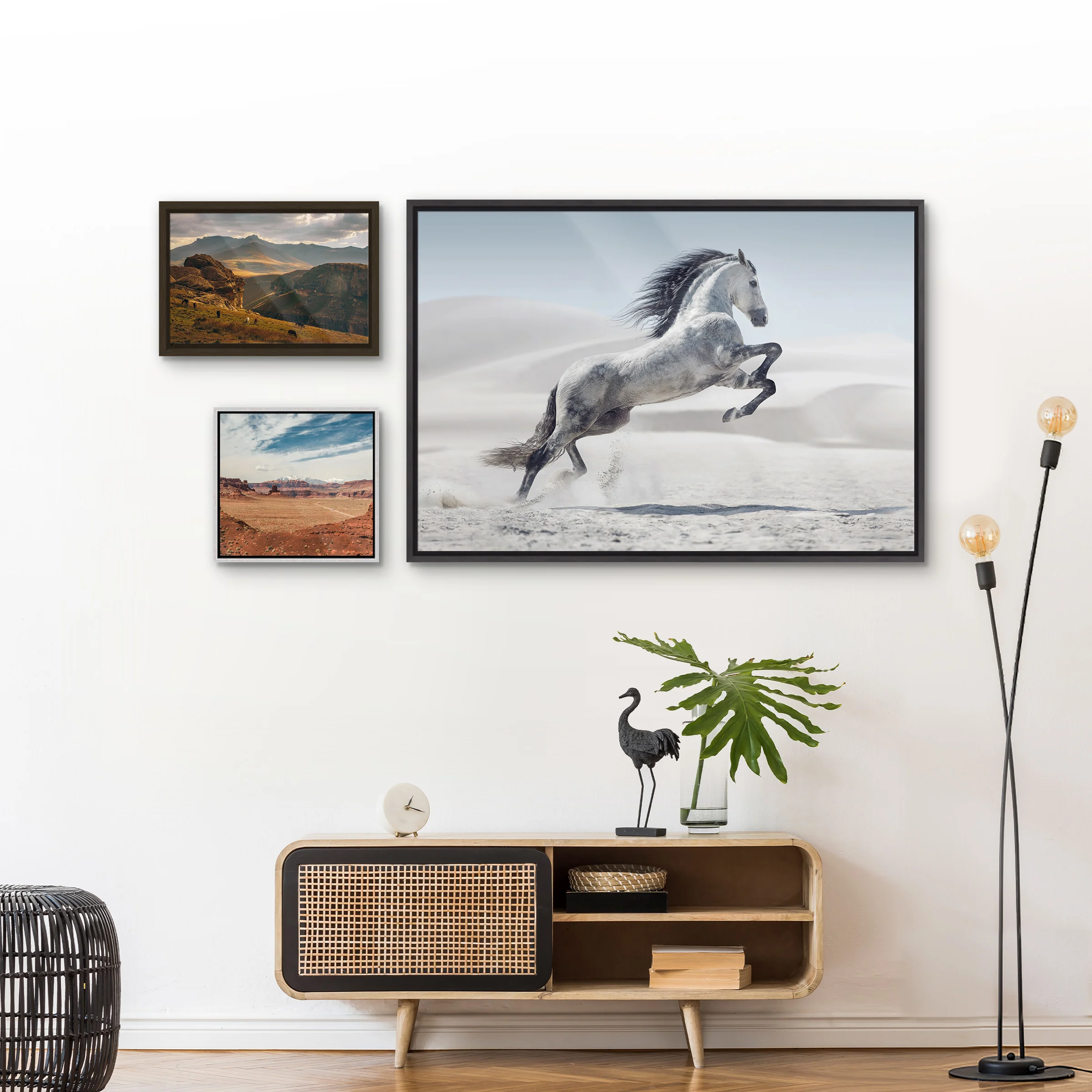 Three images framed in a Floater Frame on a wall in a living room.