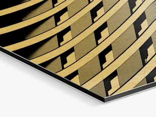 PDP | Direct Print On Brushed Aluminum | Product Selector Section | Media #4 Close up of a House facade on a Direct Print on brushed Aluminium in gold.