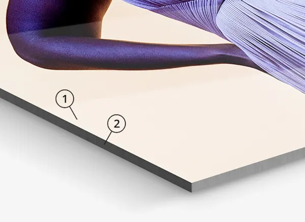 PDP | HD Metal Print | Product Structure Section | Media #1 Close-up of a dancing woman on an HD Metal Print with reference arrows 1 and 2.