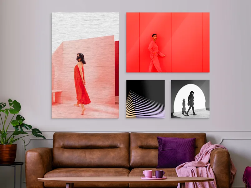 PDP | HD Metal Print | Product Selector Section | Media #4 Several different motifs on an HD Metal Print hang on a wall in a living room.