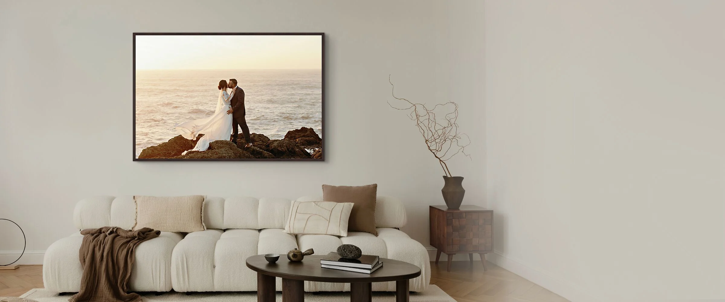 wall art print hanging on a wall with a photo of a wedding couple on it.