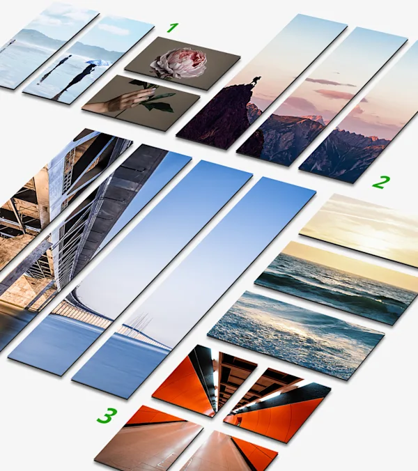 PDP | Multi Panel Wall Art | Product Structure Section | Media #1 Various possible combinations of multi-part pictures marked with the numbers 1, 2 and 3.