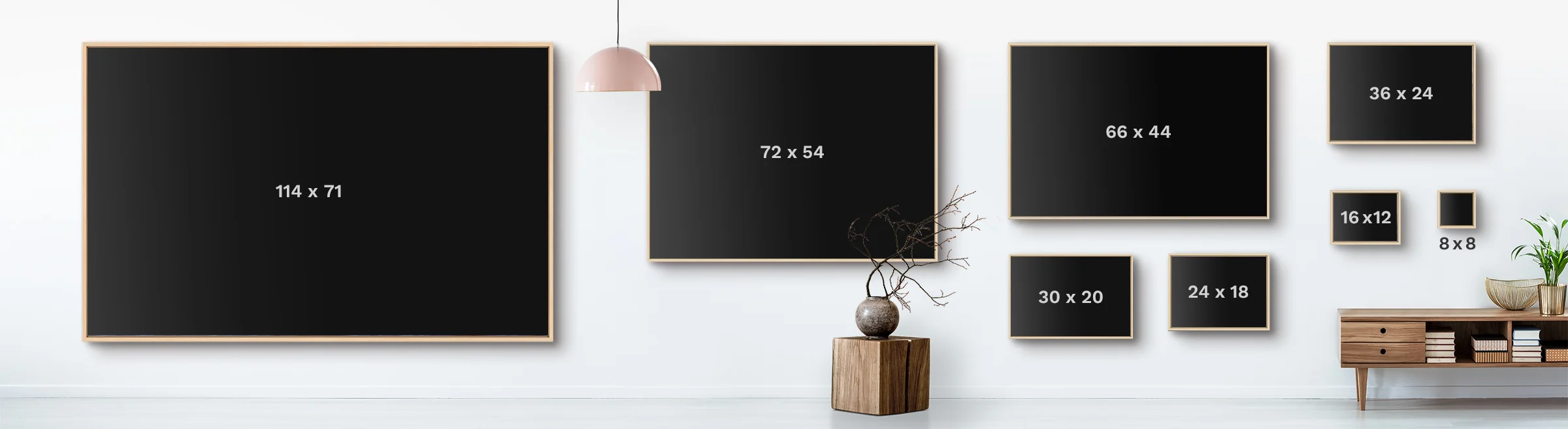 Silhouettes of images sized 72 to 54 inches, 66 to 44 inches, 36 to 24 inches, 30 to 20 inches, 24 to 18 inches, 16 to 12 inches, and 8 to 8 inches.