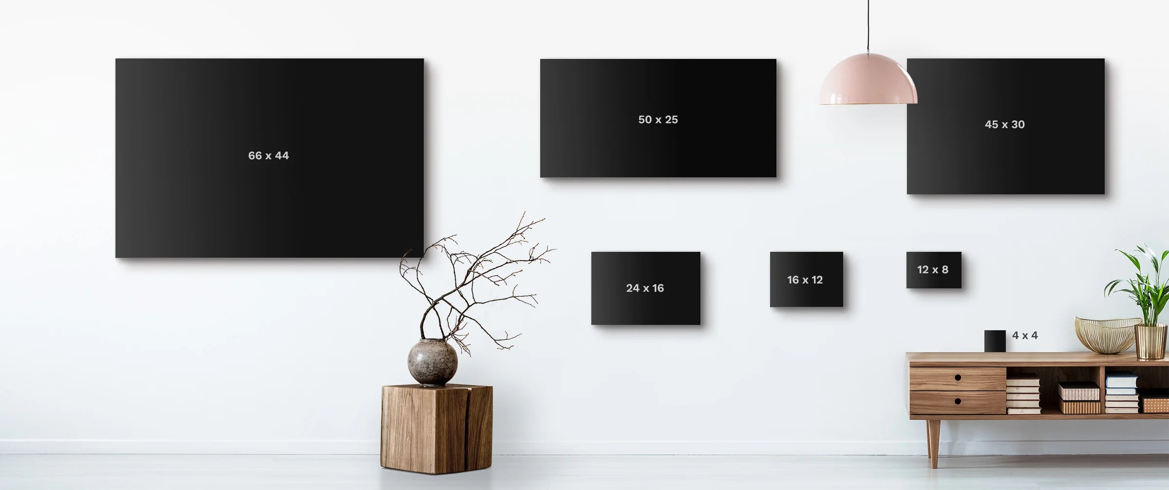 Size comparison graphic of several canvas print formats on the wall.