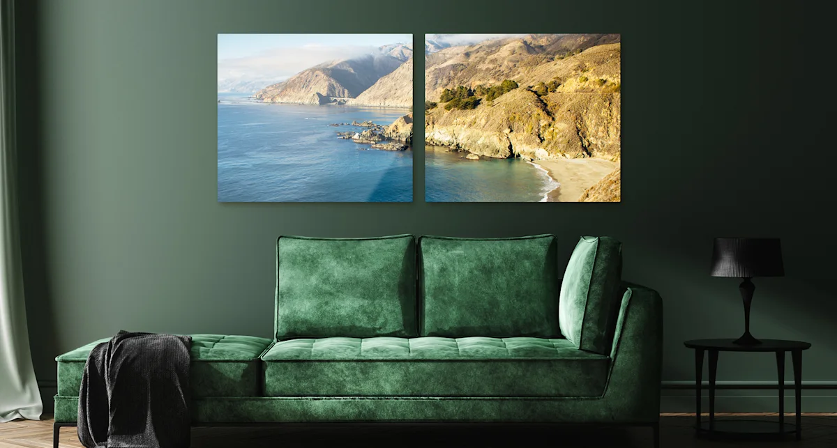 PDP | Multi Panel Wall Art | Big Picture Slider Section > Eye catcher | Slide #4 | Media #1 A rocky coastal landscape. The whole picture is divided into two parts that hang vertically on the wall.