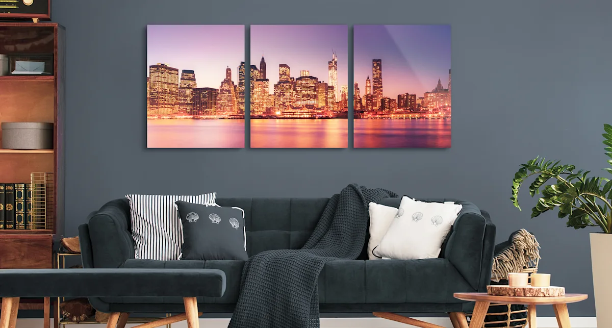 PDP | Multi Panel Wall Art | Big Picture Slider Section > Triptych | Slide #2 | Media #1 An evening long exposure of a skyline. The whole picture is divided into three parts that hang horizontally on the wall.