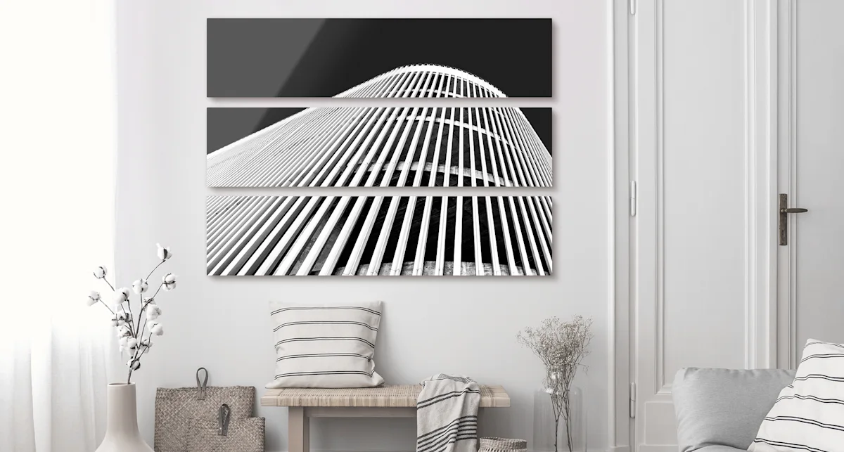 PDP | Multi Panel Wall Art | Big Picture Slider Section > Triptych | Slide #4 | Media #1 The façade of a house. The whole picture is divided into three parts that hang vertically on the wall.