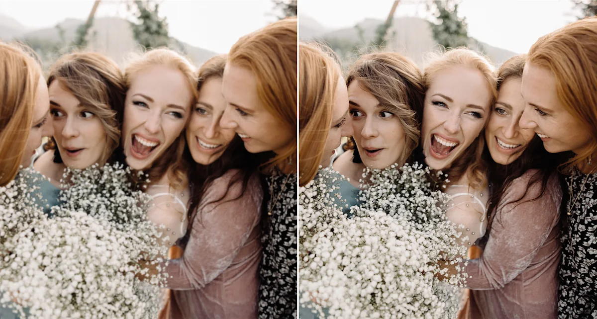 WhiteWall ultraHD comparison image group of women (Desktop) A group of friends laughing together while holding baby's breath flowers, wearing floral and velvet dresses in warm earth tones. Split image. Left without WhiteWall ultraHD, right with WhiteWall ultraHD.