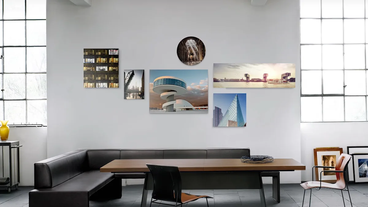 Direct Print On Aluminum Dibond Wall with several photo prints on aluminum Dibond, including modern architecture and cityscapes.