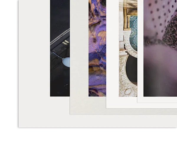 PDP | Hahnemühle Fine Art Print | Images Text Section > White border | Media #1 close up of 3 fine art prints on hahnemühle paper with different white border widths.