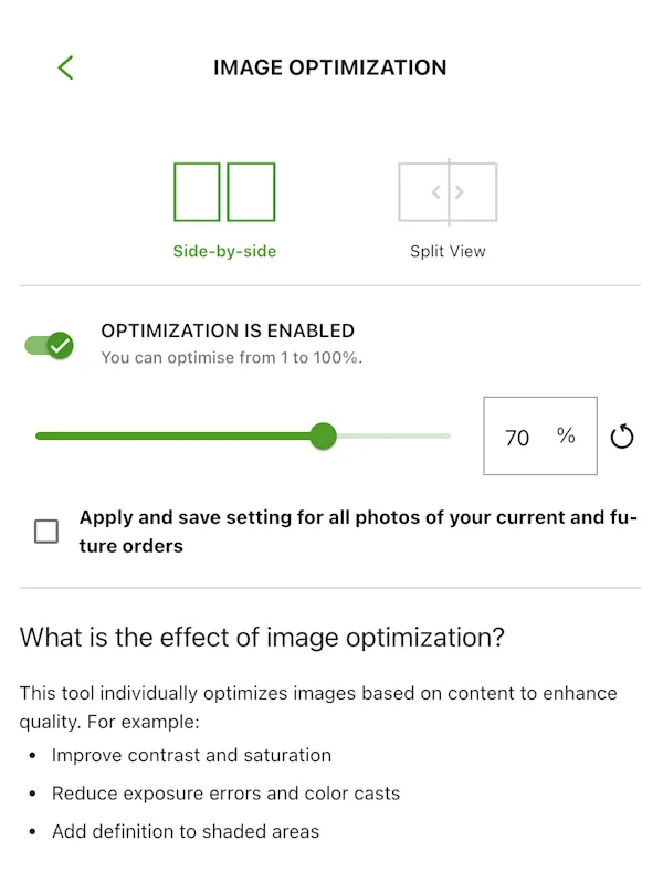 Image Optimization Image optimisation interface with side-by-side and split view options, with a slider set to 70% and explanations of how image optimisation works.