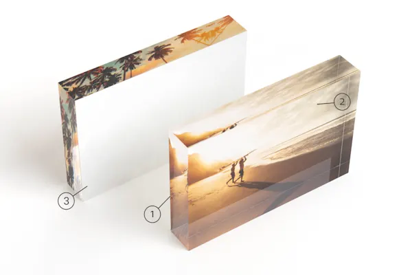 PDP | Acrylic Block with Box | Product Structure Section | Media #1 Close-up of an acrylic photo block with reference arrows 1 and 2.