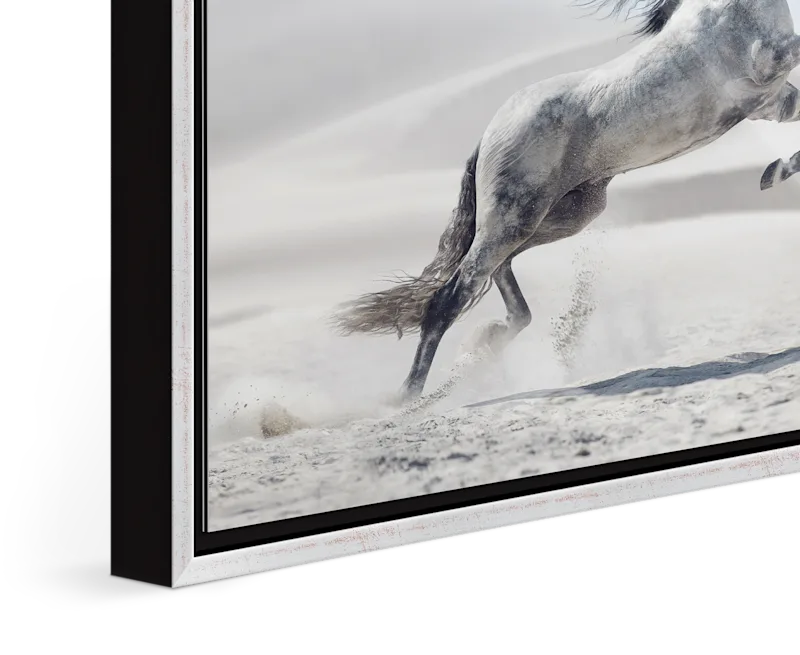 Close up of the image of a white horse jumping in a desert landscape framed in a Floater Frame.