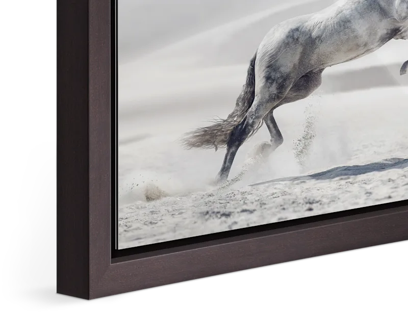 Close up of the image of a white horse jumping in a desert landscape framed in a Floater Frame.