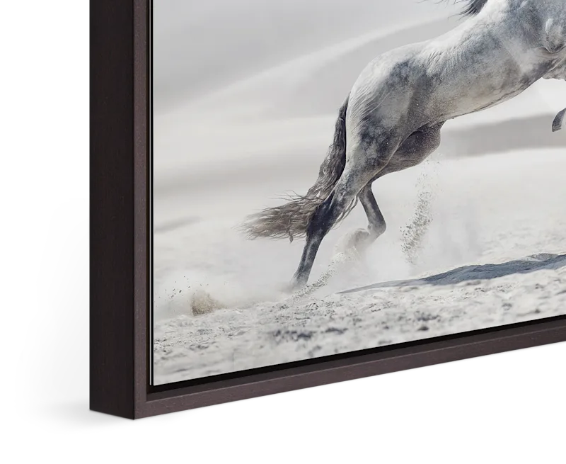 Close-up of standing floater frame Basel 0.24 in. / 6 mm in Alder brown.