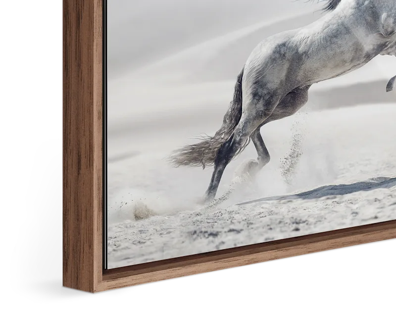 Close-up of standing floater frame Basel 0.24 in. / 6 mm in Walnut.