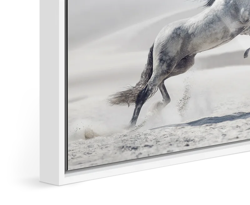 Close-up of standing floater frame Basel 0.24 in. / 6 mm in White matt.